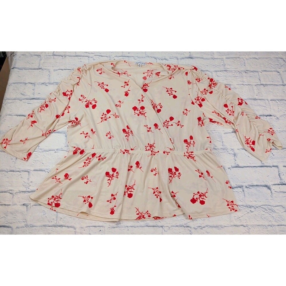 Ophelia Roe CrossOver Blouse Top Womens Size 3X Red Floral Paisley Rouch Sleeves